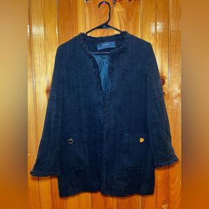 Zara Basic Black Tweed Fringe Blazer Size L